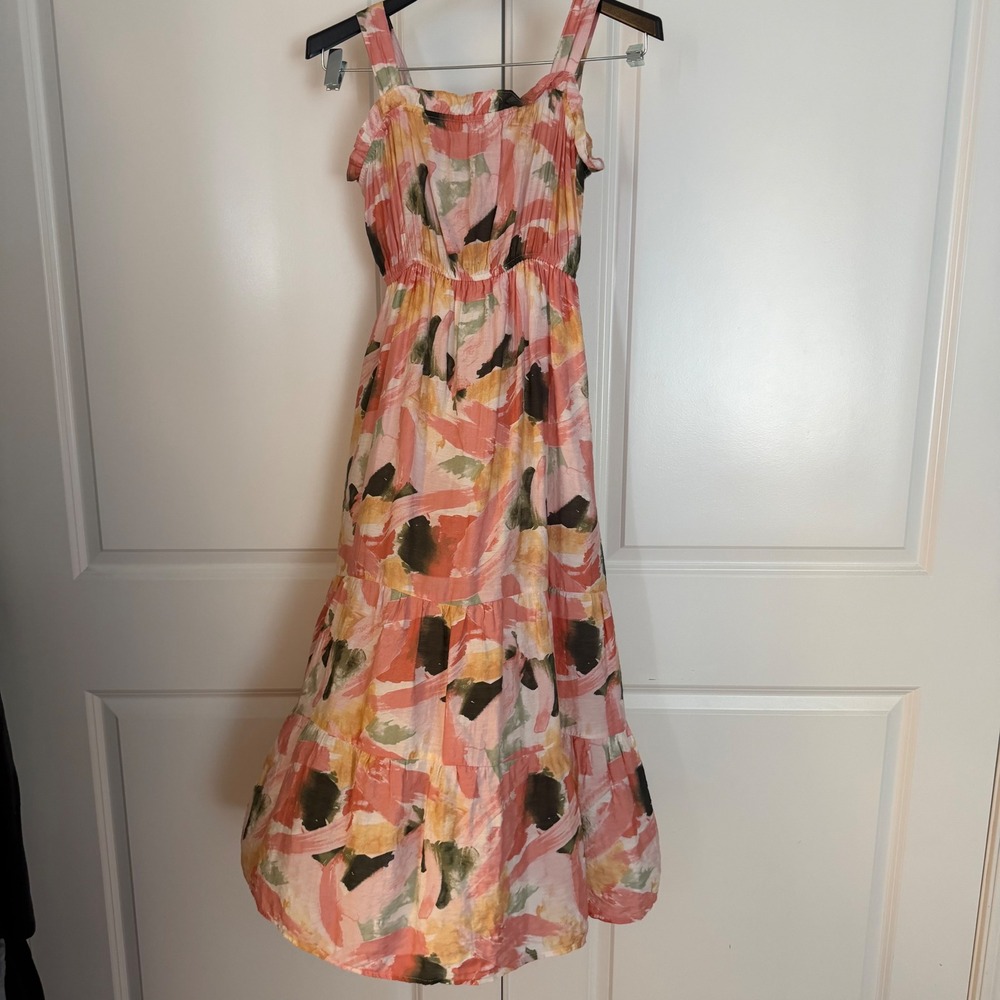 By the River Abstract Brushstroke Print Tiered Midi Dress Smocked Waist